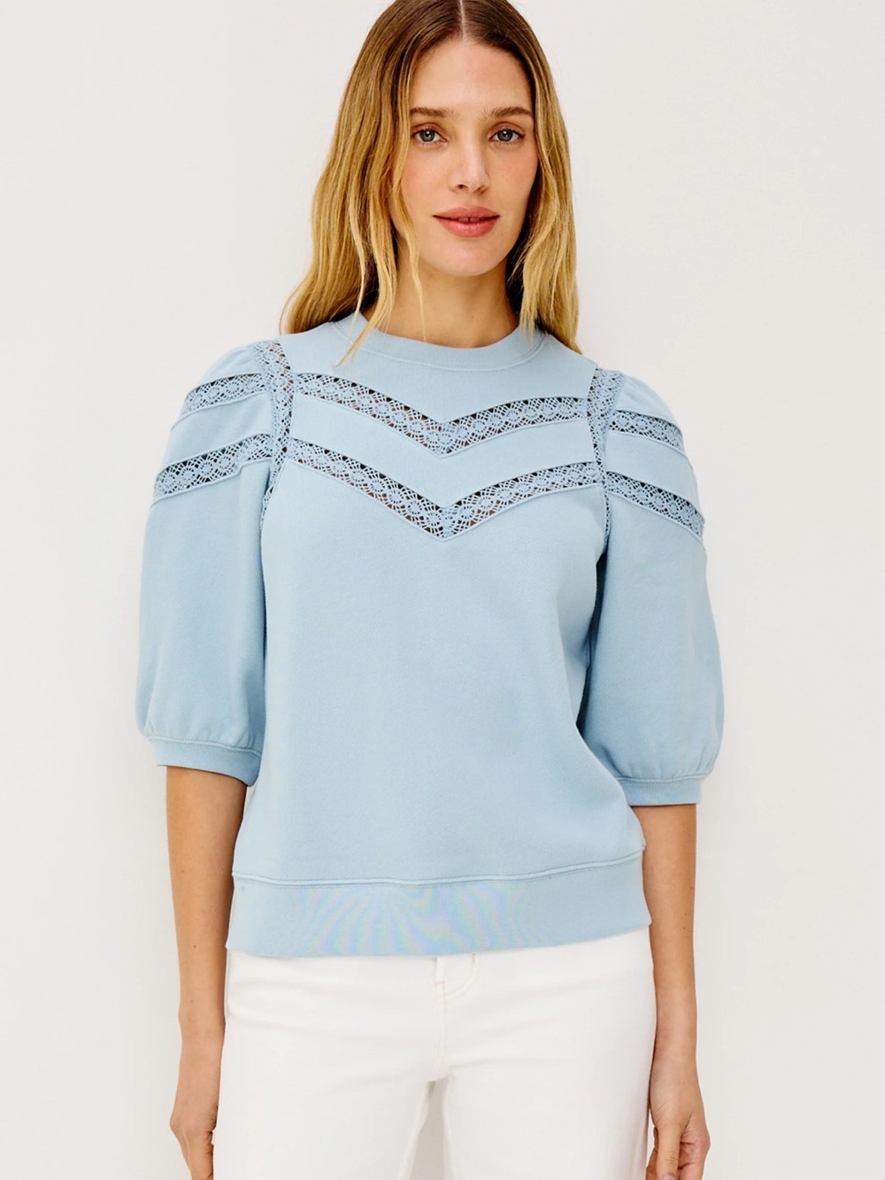 Rails Light Blue Lace-Trim Puff Sleeve Sweatshirt